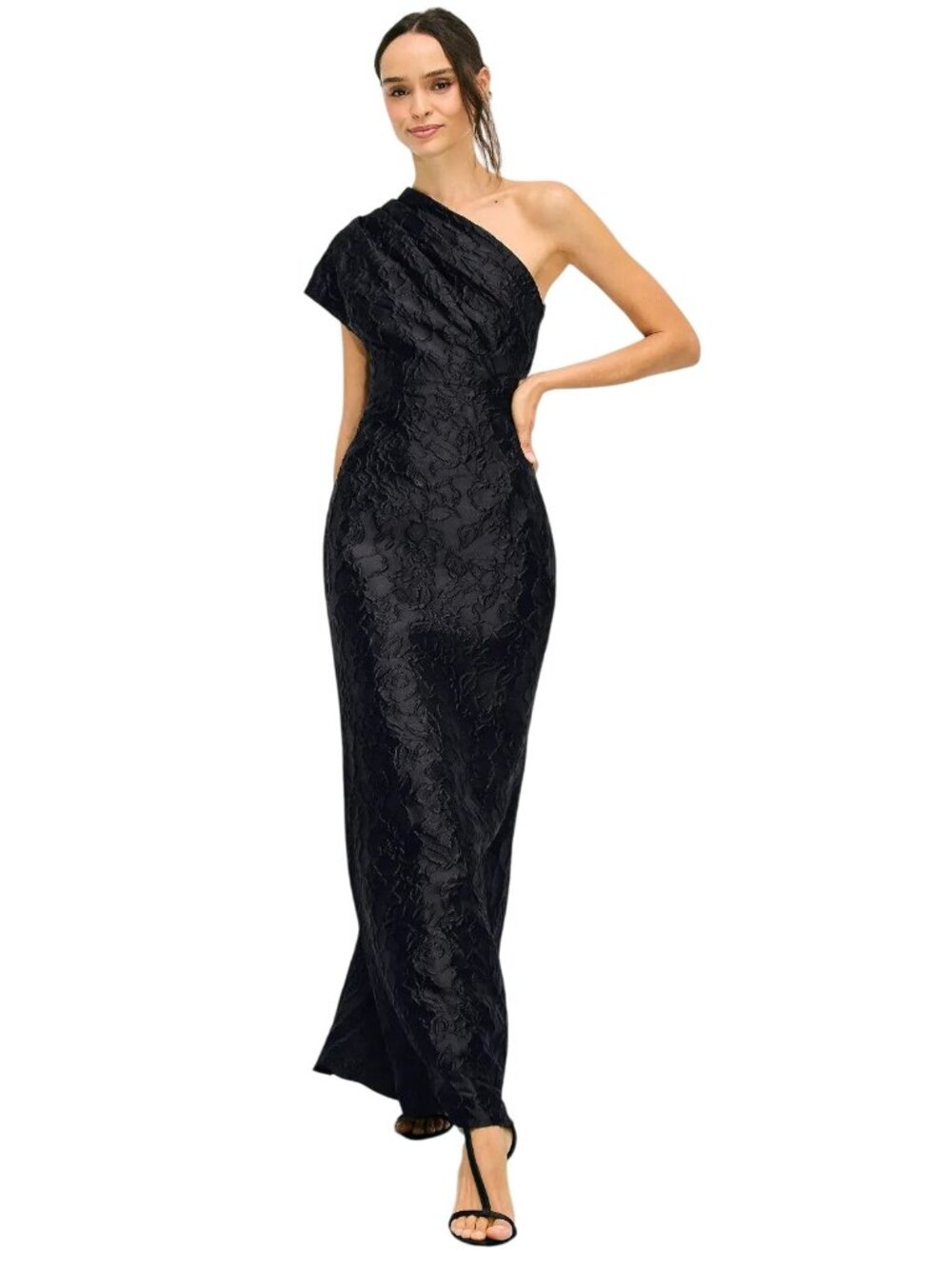 Badgley Mischka Jacquard One Shoulder Gown in Black 8 Womens Maxi Long Dress